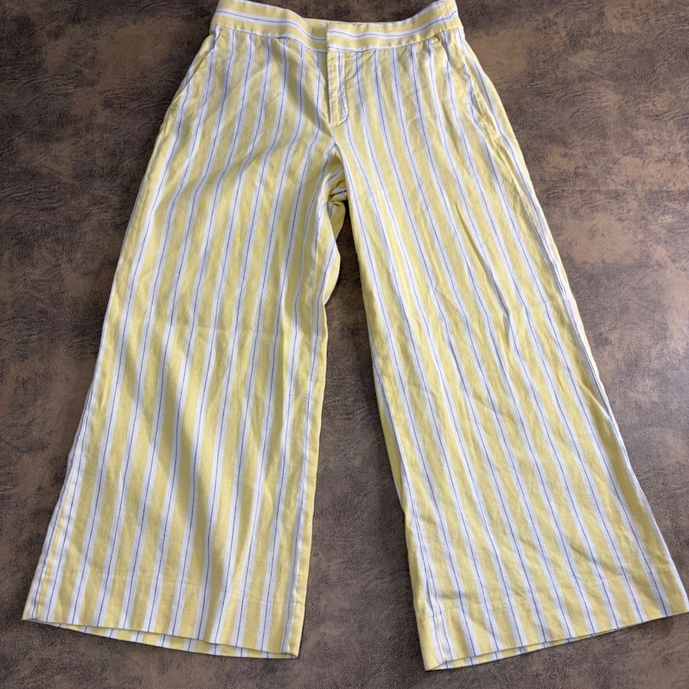 Banana Republic Wide Leg Pants Linen Blend SZ 2 Yellow Stripe 24" Hem Cropped